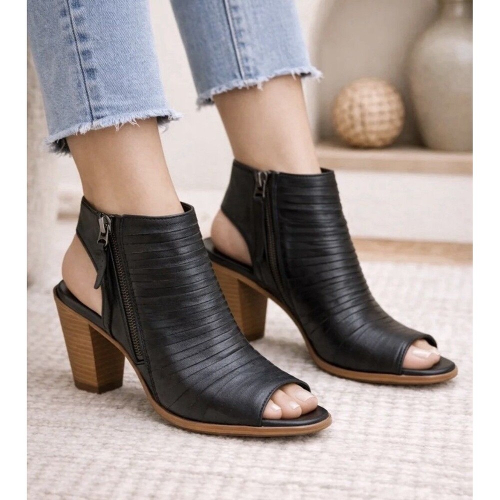 Paul Green Cayanne Black Leather Peep Toe Booties Heels Slingback US 9 UK 6.5